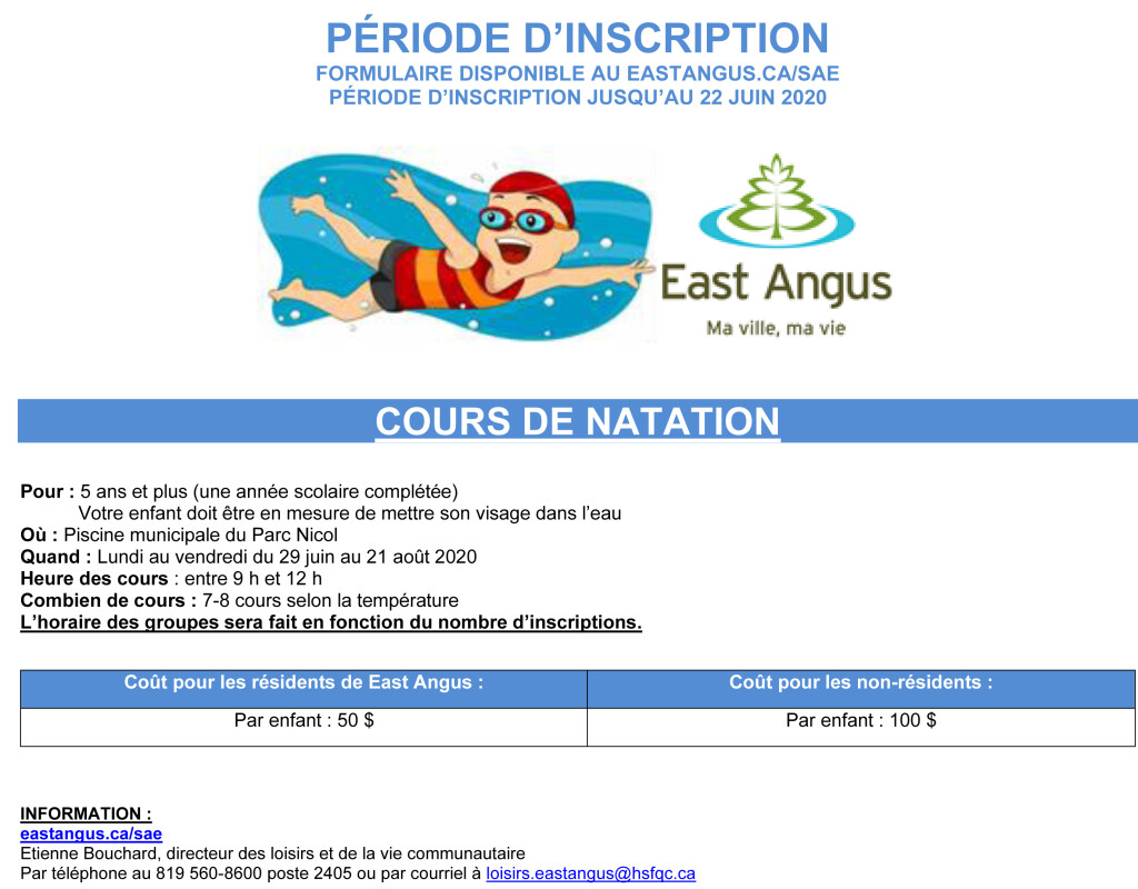 Publicité inscriptions 2020 - Cours de Natation