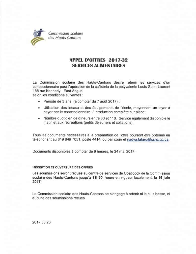 Appels d'offre - Service alimentaire