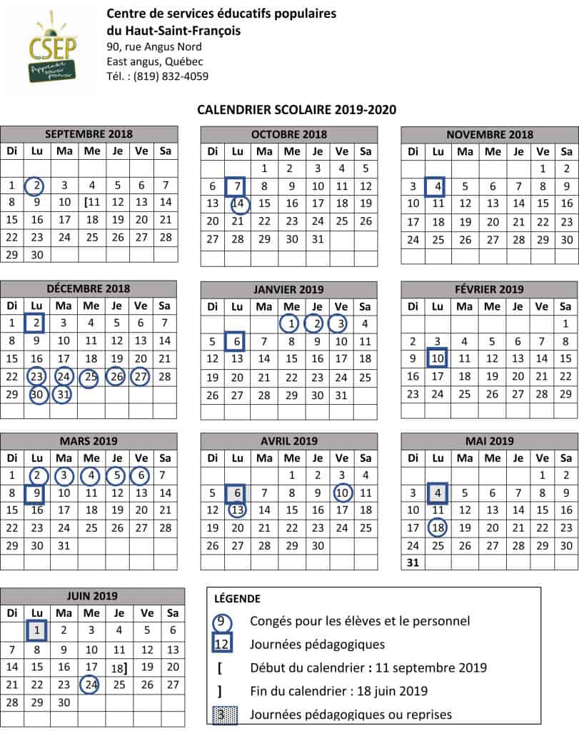 Calendrier 2019-2020 CSEP