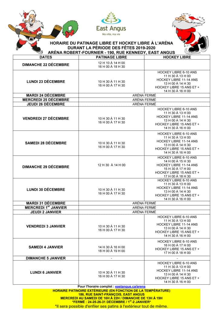 HORAIRE DU PATINAGE LIBRE ET HOCKEY LIBRE À L'ARÉNA