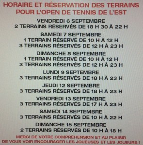 Horaire et réservation des terrains de tennis - Open de l'Est