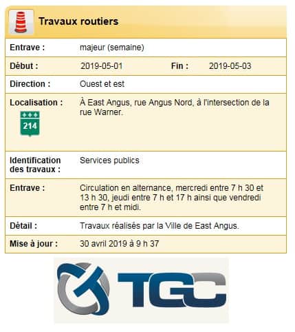 Travaux route 214 (rue Angus Sud) et Warner