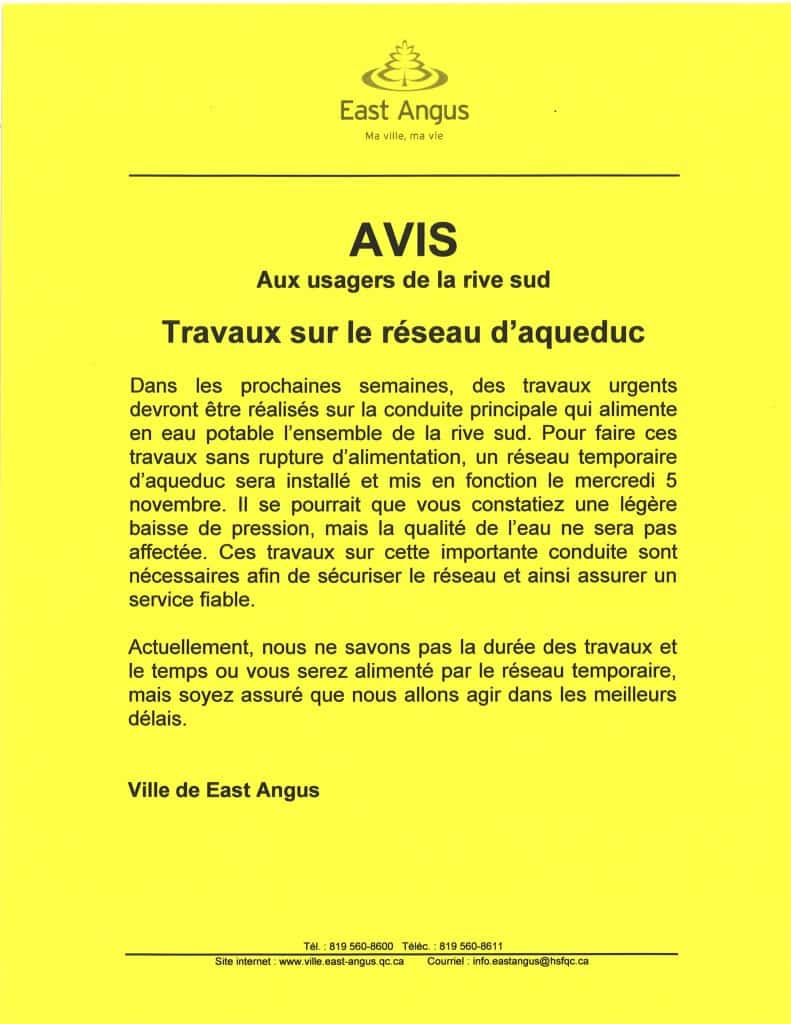 travaux sur le réseau d'aqueduc
